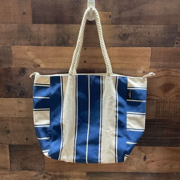 Lancome Tote Bag Canvas Soft Rope Handles Blue White Block Color Snap Closure - Picture 11 of 11